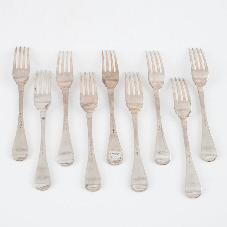 Nine Victorian silver forks, Chawner & Co (George William Adams), London, England, 1853.