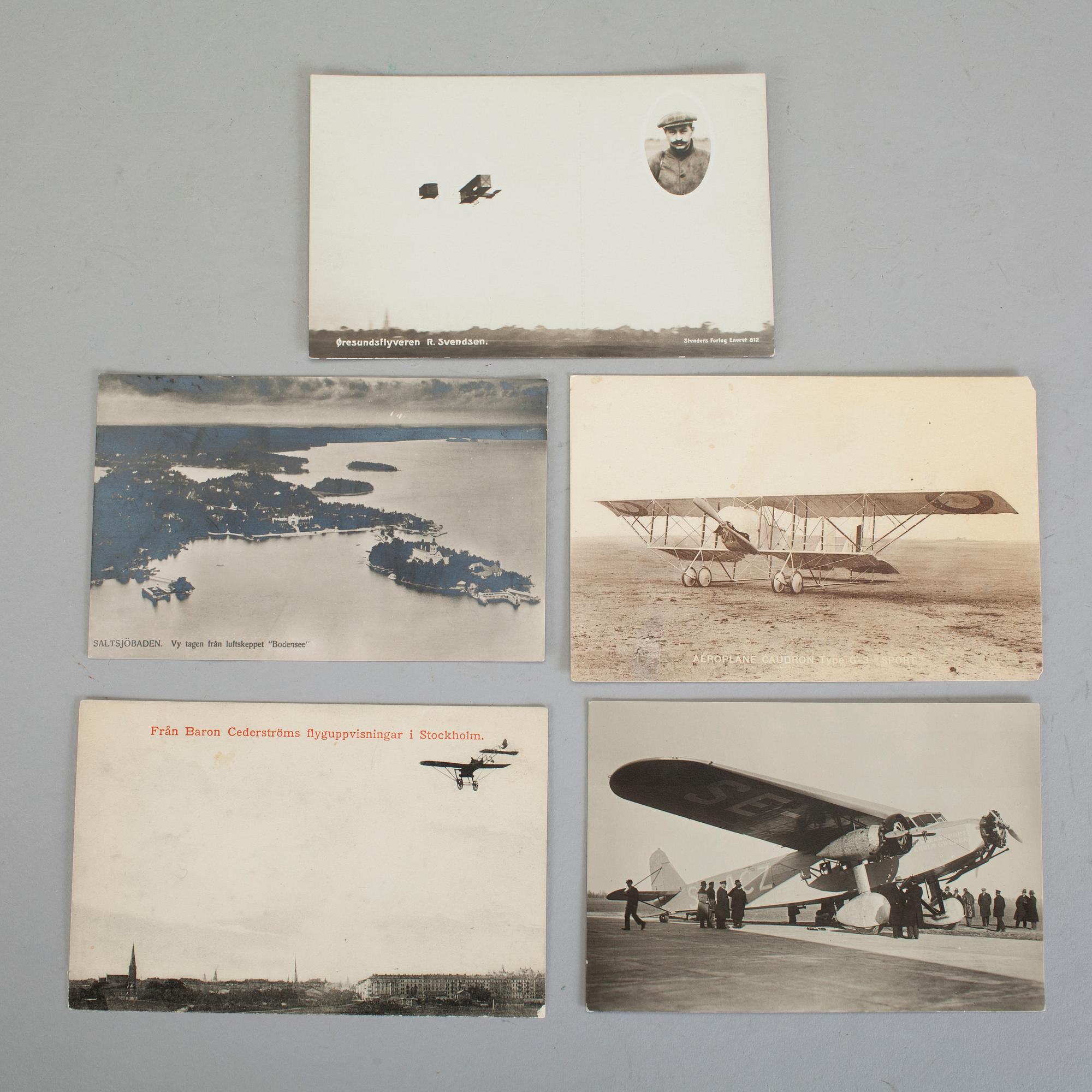 FLYGMEMORABILIA, 8 delar, vykort, flygkartor, tabellaffischer ABA, 1910-tal till 1930-40-tal.