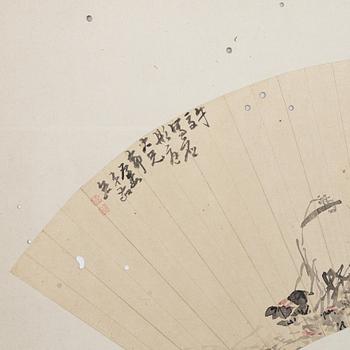 Oidentifierad konstnär, s.k. "Solfjädersmålning", Betande gäss, Kina, 1900-tal.