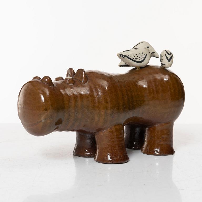 Lisa Larson, a 'Flodhäst med fåglar' (Hippo with Birds) figurine, Gustavsberg, Sweden.