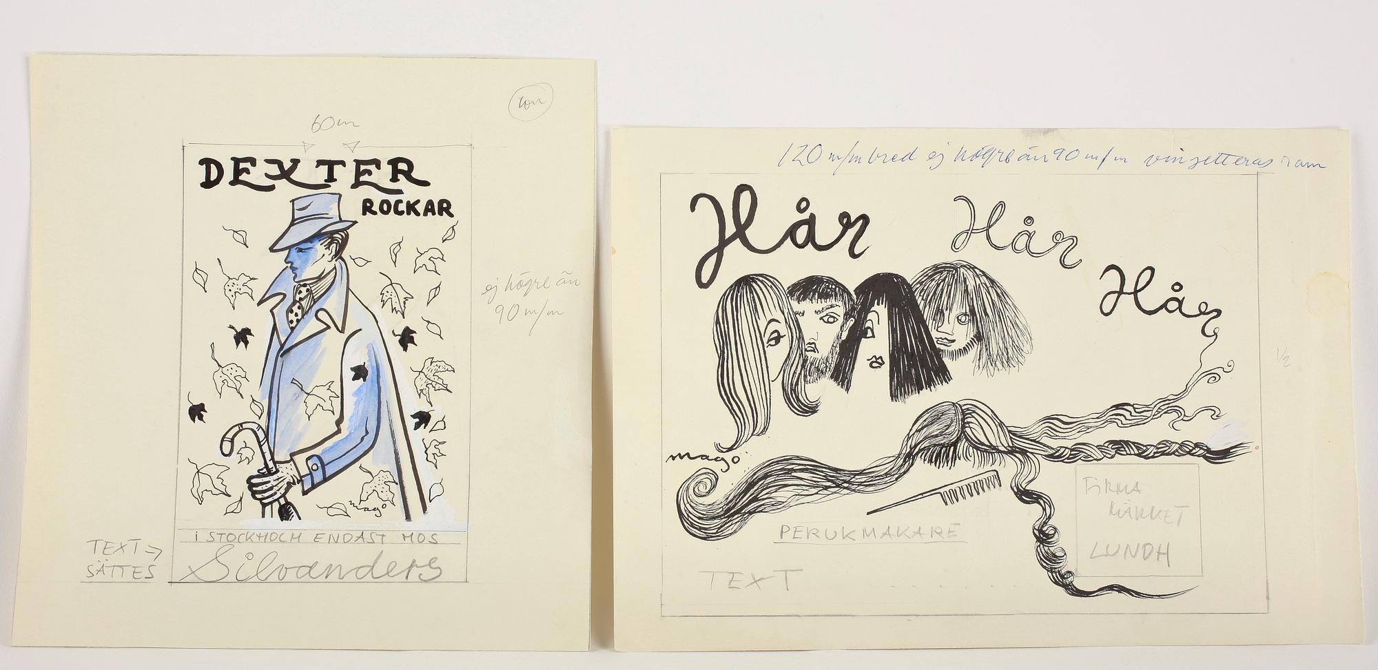 MAX GOLDSTEIN (MAGO) dräktskisser, kostymteckningar, fotografier, delvis sign, ca 40 st.