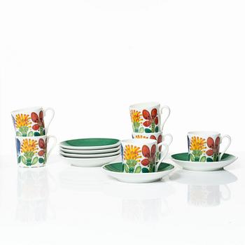 Stig Lindberg, kaffekoppar med fat, 6 st, benporslin, "Tahiti", Gustavsberg, 1970-73.