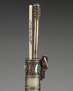 A silvered pewter case with a knife and ivory chopsticks, late Qing dynasty.