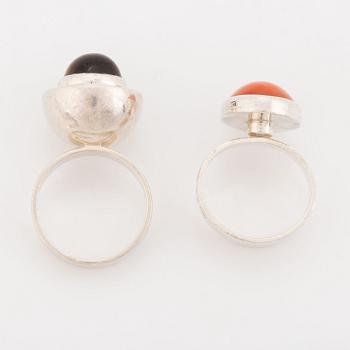 Hansen, two silver rings, coral and tiger's eye.