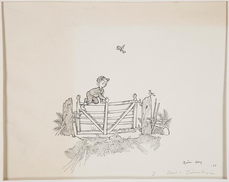 BJÖRN BERG, tuschteckning, signerad, illustration till Astrid Lindgrens "Emil i Lönneberga", daterad-63.