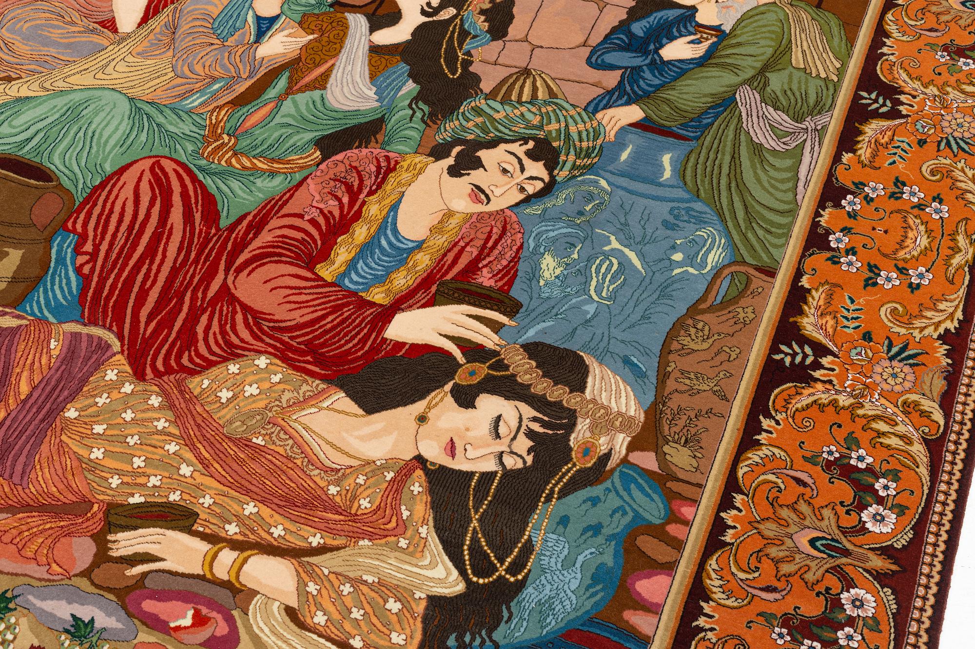 Rug, Tabriz, figural, signed, approx. 285 x 196 cm.