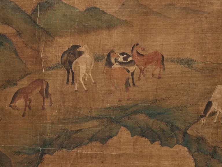 A long scroll painting after Zhao Yong (Zhao Zhongmu 1289-1369), ink and colour on paper and on silk, Qing dynasty.
