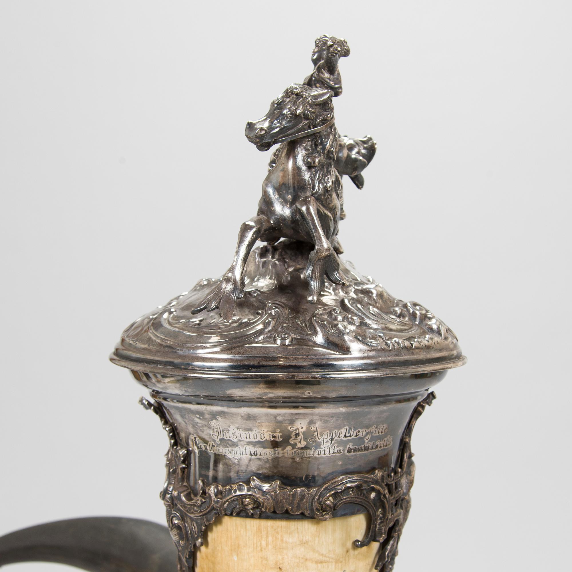 Silver-plated horn decoration, the end of 19th century. Height 93 cm.
