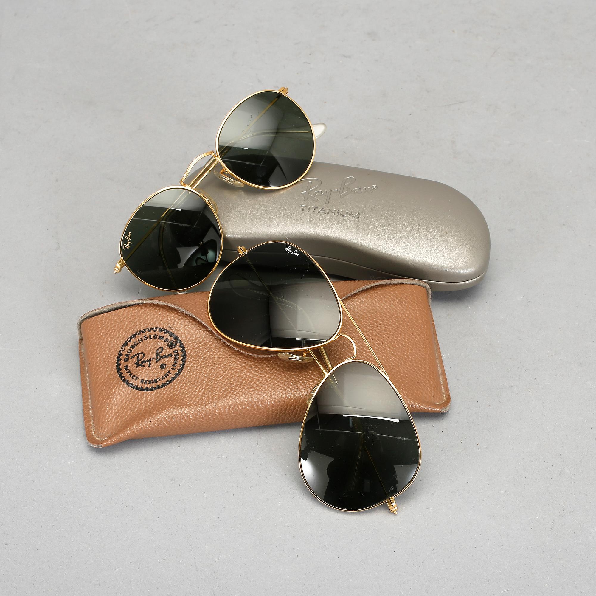 SOLGLASÖGON, 2 st, "Aviator" och "Round metal", Ray-Ban, 1900-talets slut.