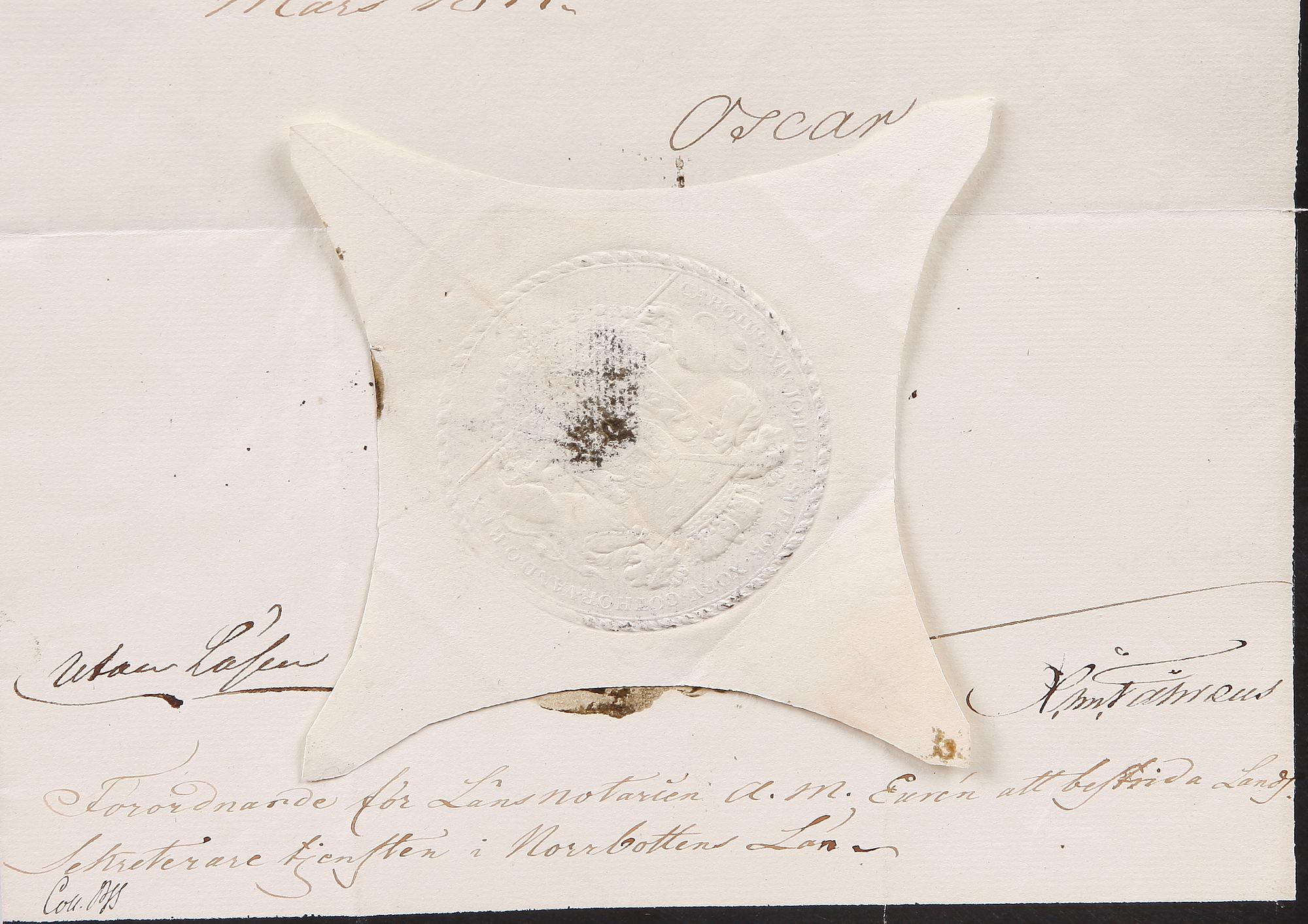DOKUMENT, autograf Oscar I av Sverige, sign o dat 27 mars 1844.