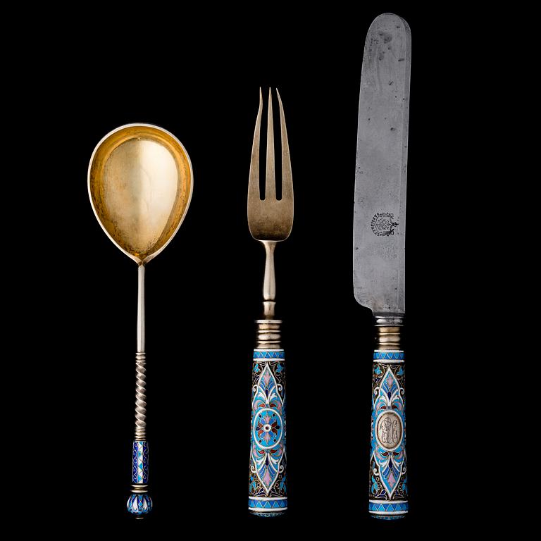 SPOON, FORK AND KNIFE, silver and enamel, Moscow ca 1900, Nikolai Nemirov-Kolodkin.