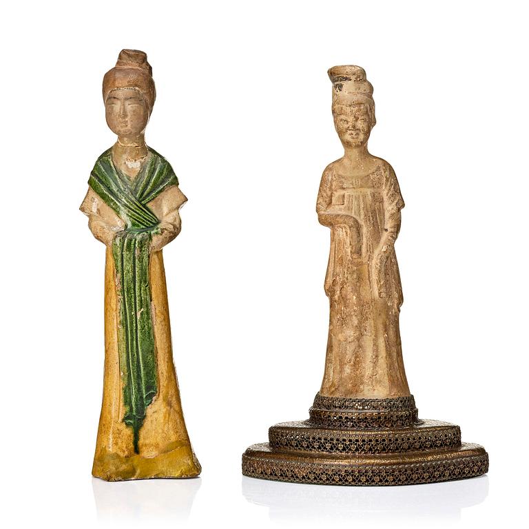 Two pottery figures of elegant ladies, Sui/Tang dynasty.