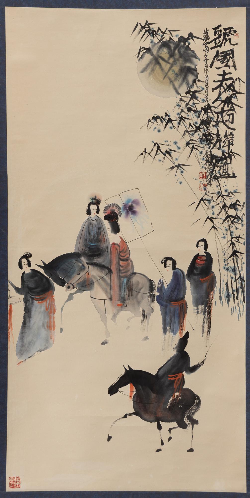 Peng Xiacheng, hans art, Figurscen med eleganta damer och ryttare, daterad 1996.