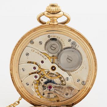 Mido, pocket watch, hunter, 14K gold, chain in 18K gold, 52 mm.
