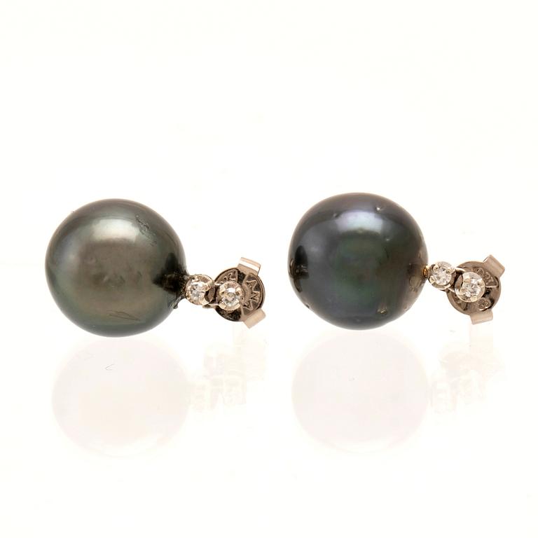 Earrings, a pair of 18K white gold with cultured pearls and round single-cut diamonds.