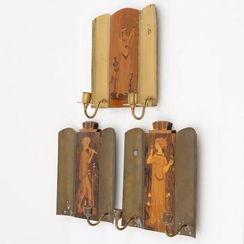 Wall sconces, 3 pcs, Mjölby Intarsia, 1930s.