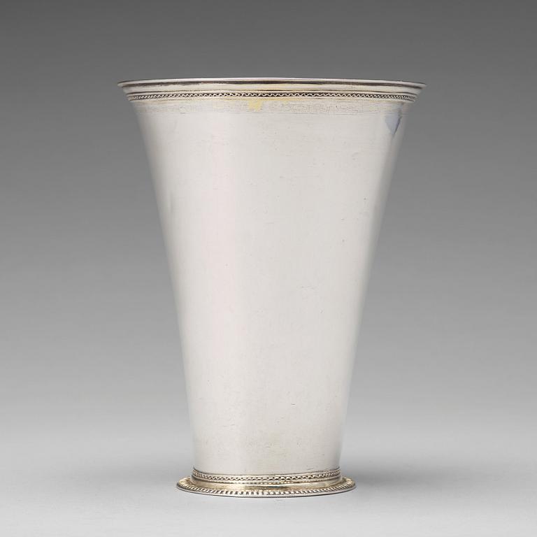 A Swedish 18th century parcel-gilt silver beaker, mark of Olof Söderman, Lidköping 1732.