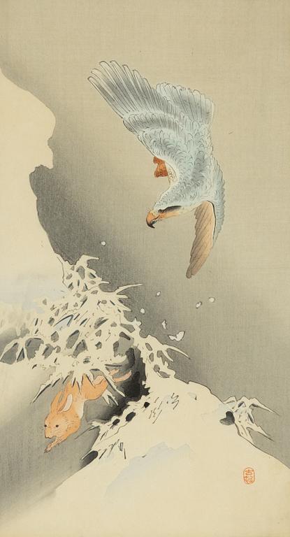 Ohara Koson, 'Örn som jagar hare'.