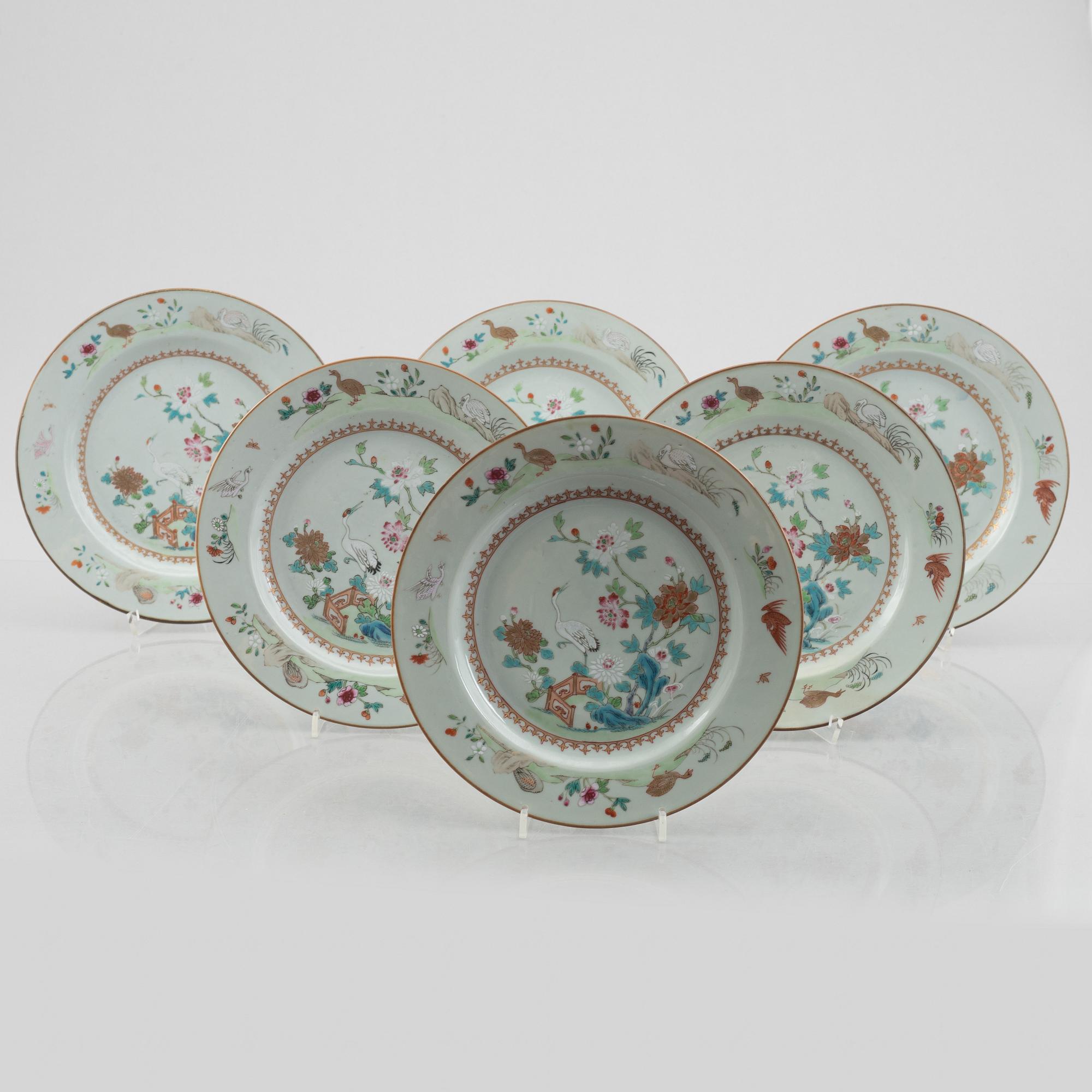 Famille Rose export porcelain plates, 6+2, China, Qing dynasty, 18th century.