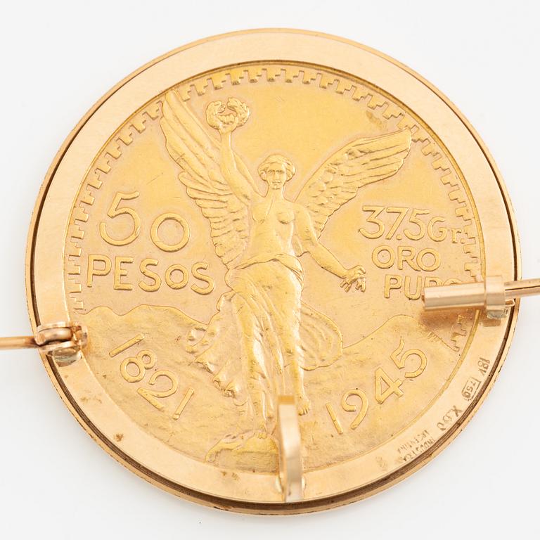 Brooch/pendant, 18K gold with set gold coin, 50 pesos, Mexico.