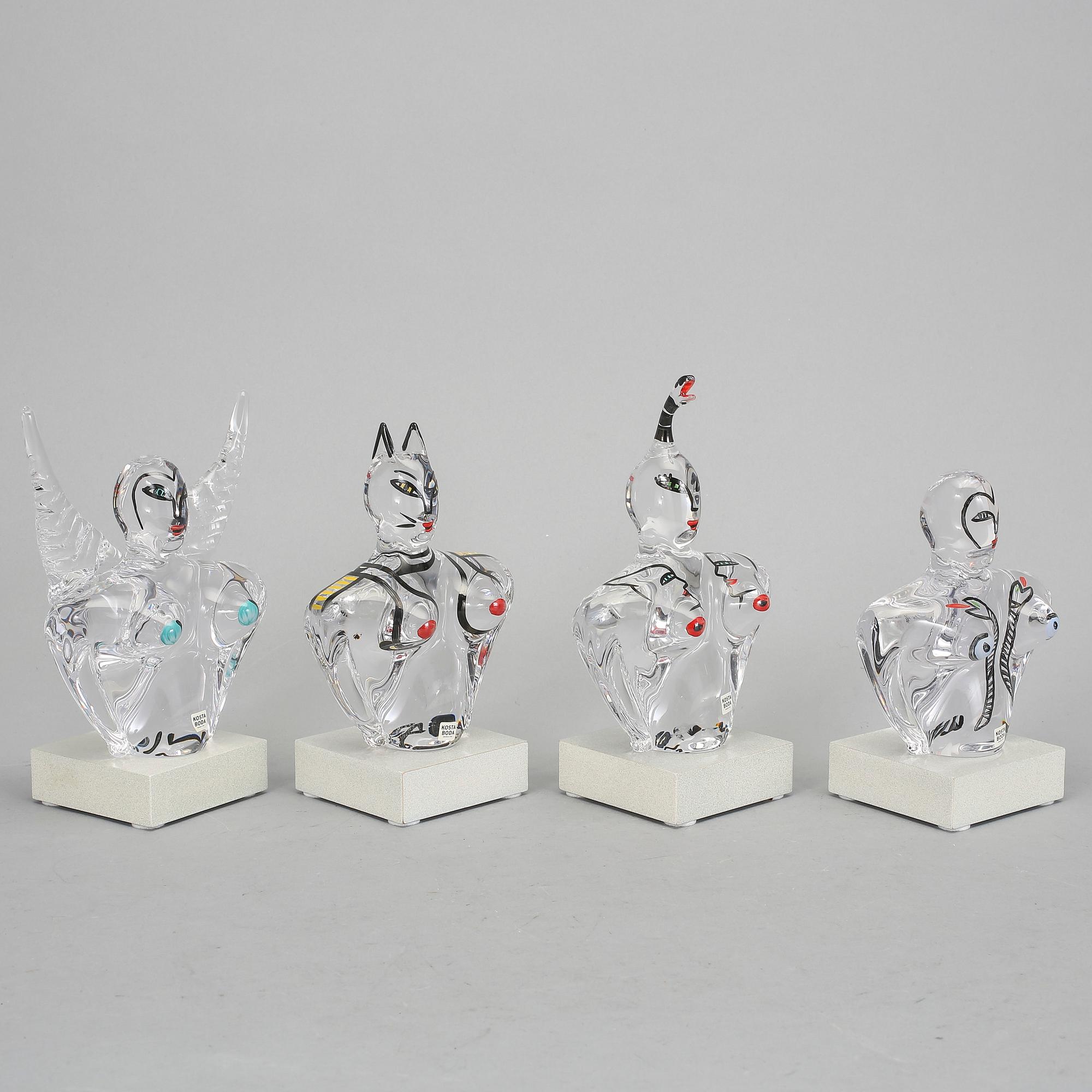 SKULPTURER, 4 st, glas, Ulrica Hydman-Vallien, Kosta Boda.