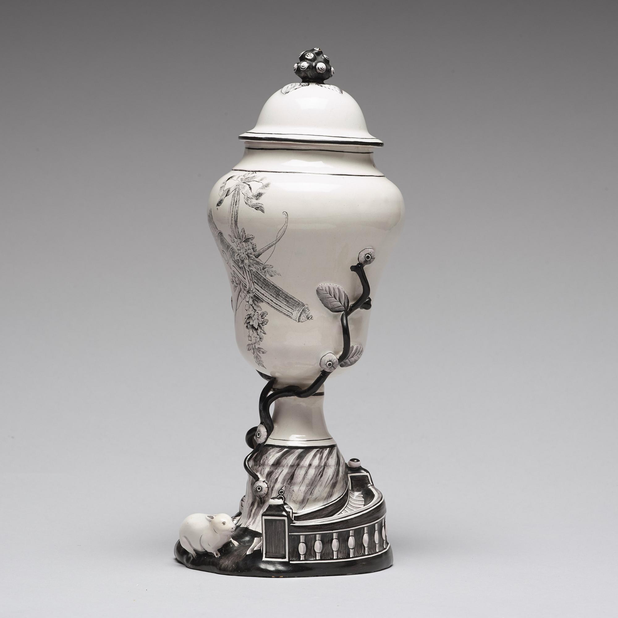 A grisaille Marieberg vase with cover, 18th Century.