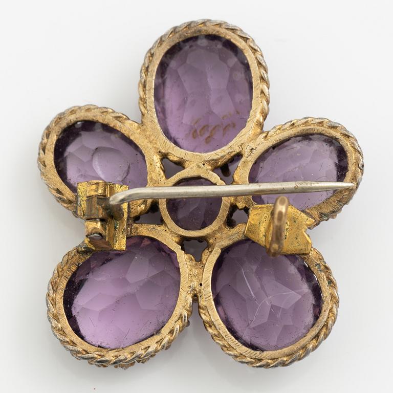 Garniture, necklace and bracelet silver with amethysts, brooch gold-coloured metal with purple paste stones,