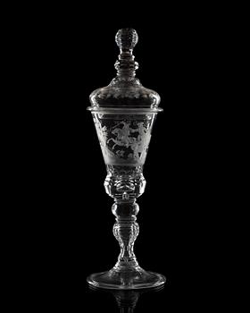 836. A large German engraved and cut glass goblet and cover, 18th Century.