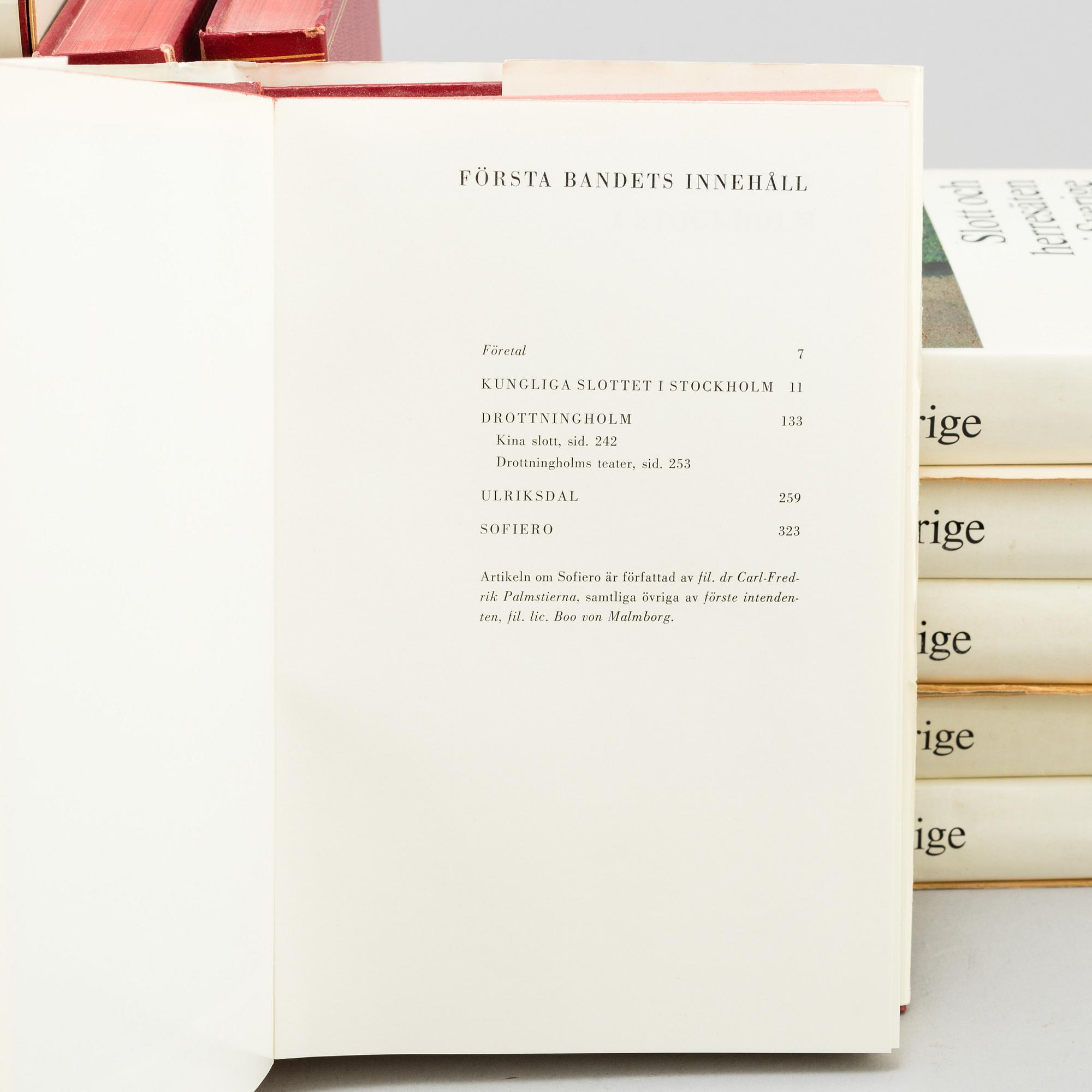 A set18 books about swedish castles and mansions, published by Allhems förlag in Malmö, second half of the 20th century.