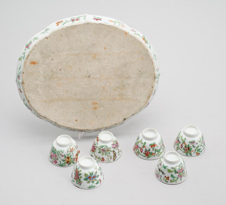 BRICKA SAMT 6 SKÅLAR, porslin, Kanton, Kina, 1800-tal.