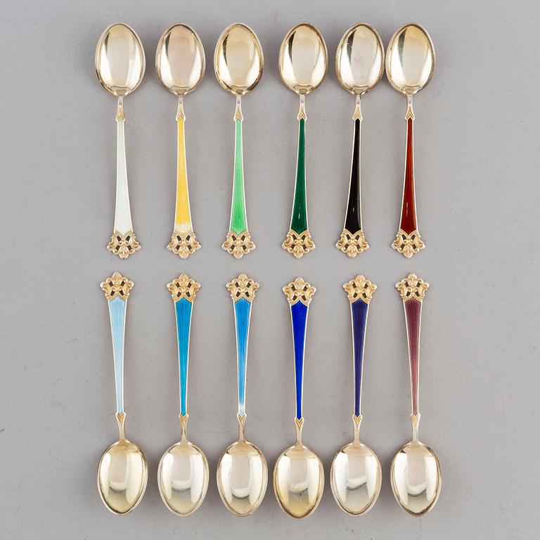 Twelve sterling silver and enamelled spoons, Norway.