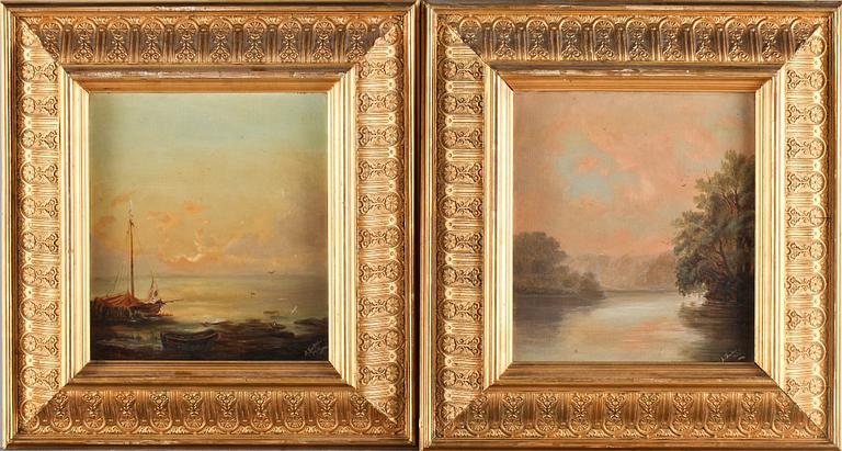 OKÄND KONSTNÄR, 2 st, olja på duk uppfäst på pannå, signerade A Solbie? och daterade 1888.