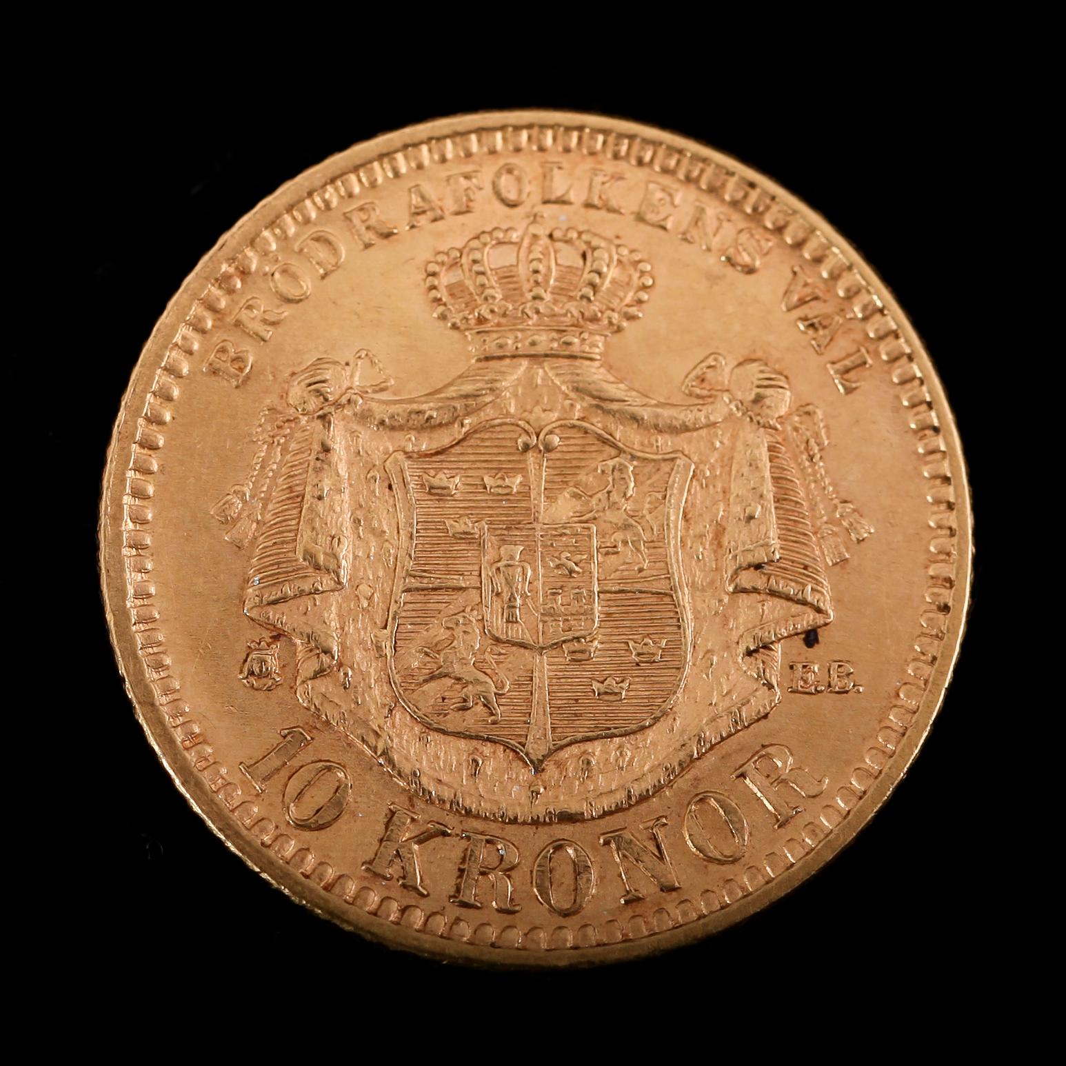 GULDMYNT, 10 kronor, Oscar II, 1894.  Vikt ca 5 gram.