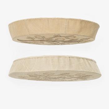 Two similar textile covered Swedish Modern ceiling lamps, Sweden, 1940's.