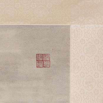 A hanging scroll o a landscape with buildings and a figure, by an unknown artist (Zhang Daye), 20th Century.