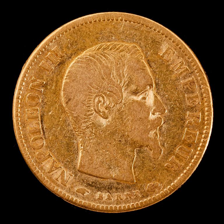 GULDMYNT, 10 fr, Napoleon III, Frankrike, 1857. Vikt ca 3 g.