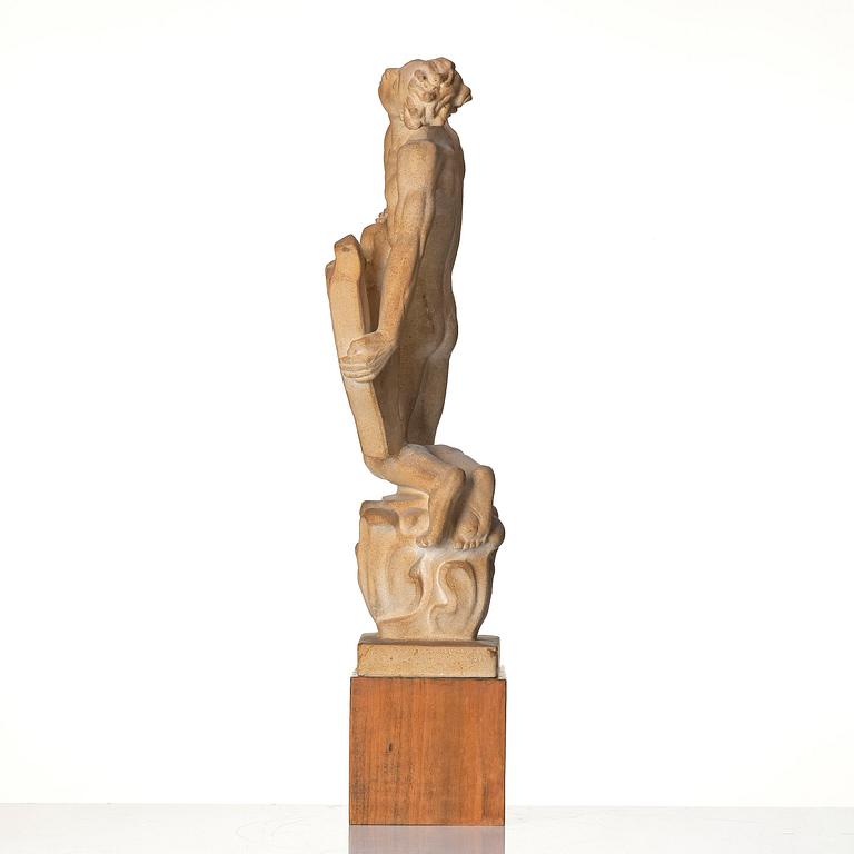 John Lundqvist, a patinated plaster sculpture of a lyre player, dated 1928.