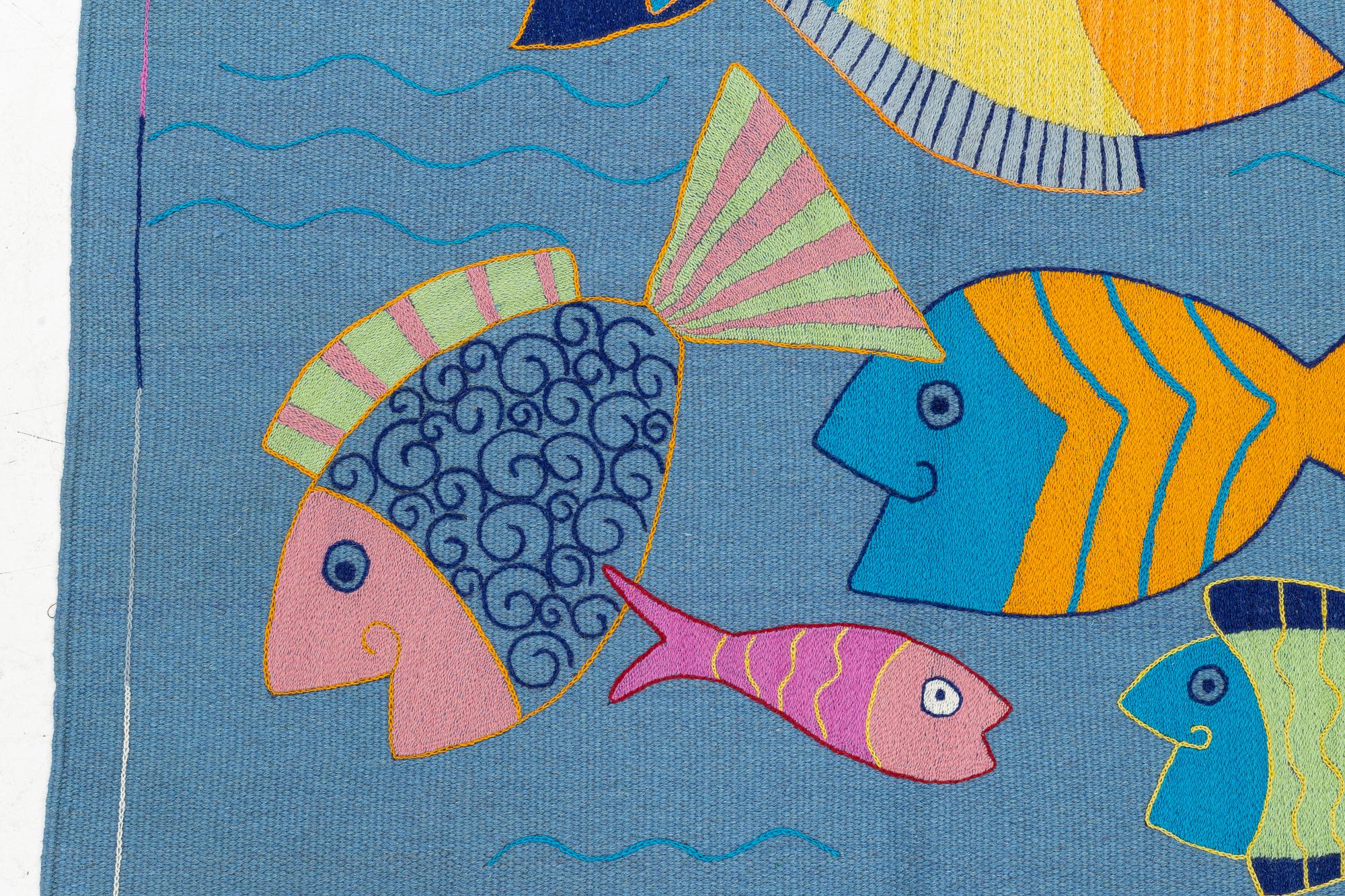 Matta, kelim, handbroderad, blå botten, ca 184 x 113 cm.