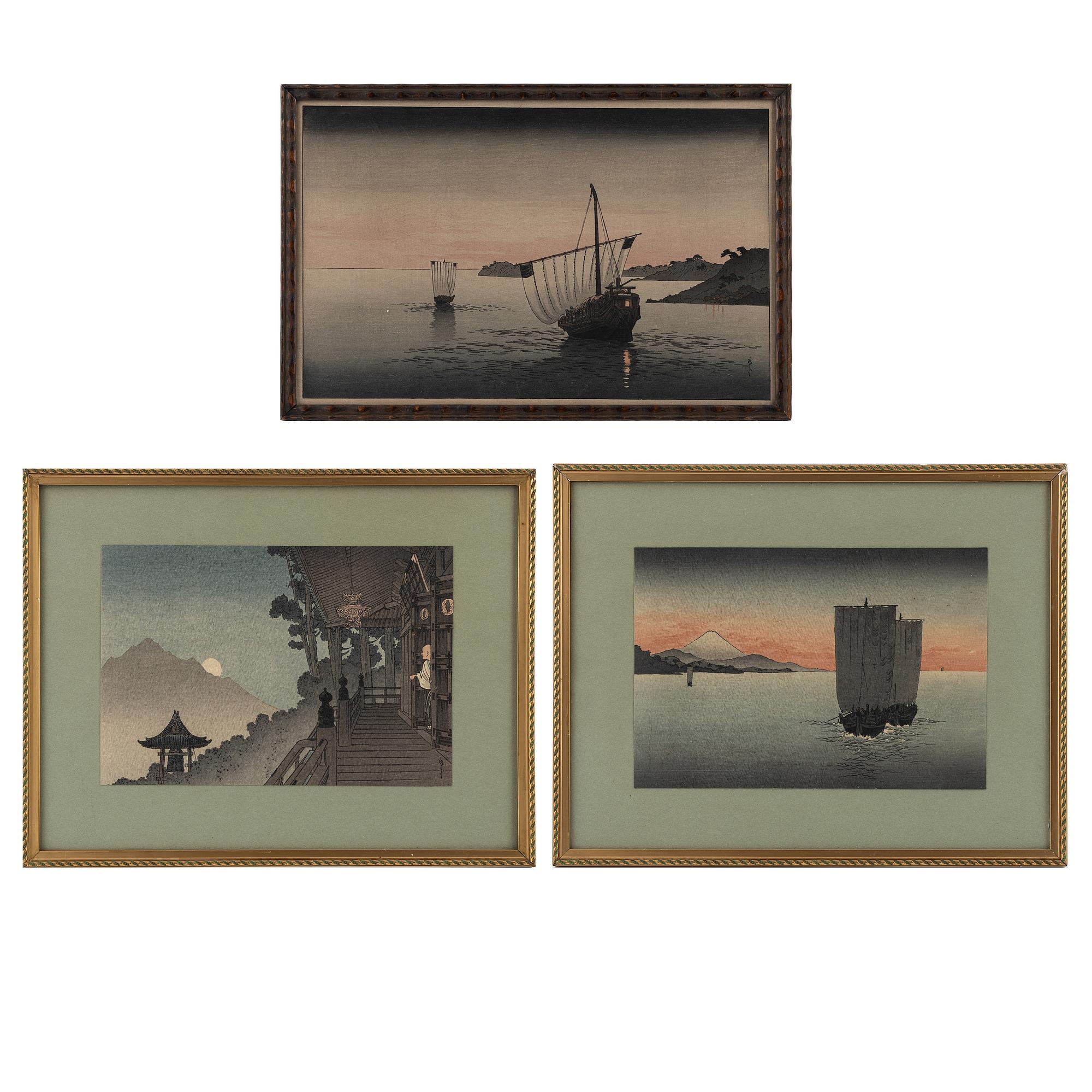 Shoda Koho, three colour woodblock prints, Japan, 20th century.