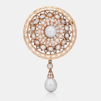 1003. A natural saltwater pearl and old-and antique-cut diamond brooch.