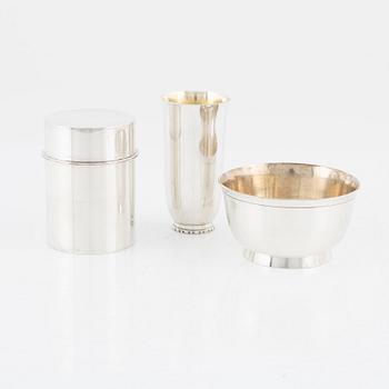 A Swedish silver vase, a bowl and a box with cover, including Atelier Borgila, Stockholm, 1966.