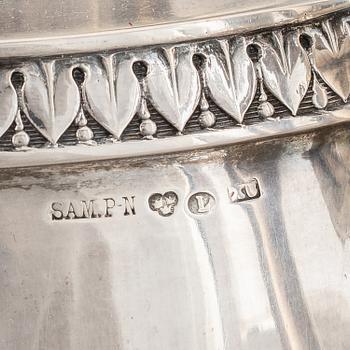 A swedish silver coffee pot, creamer sugar box and sugar tongs, mark of Samuel Pettersson, Linköping 1900.