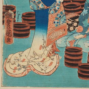 Utagawa Kunisada, four colour woodblock prints, Japan, c. 1850-60.