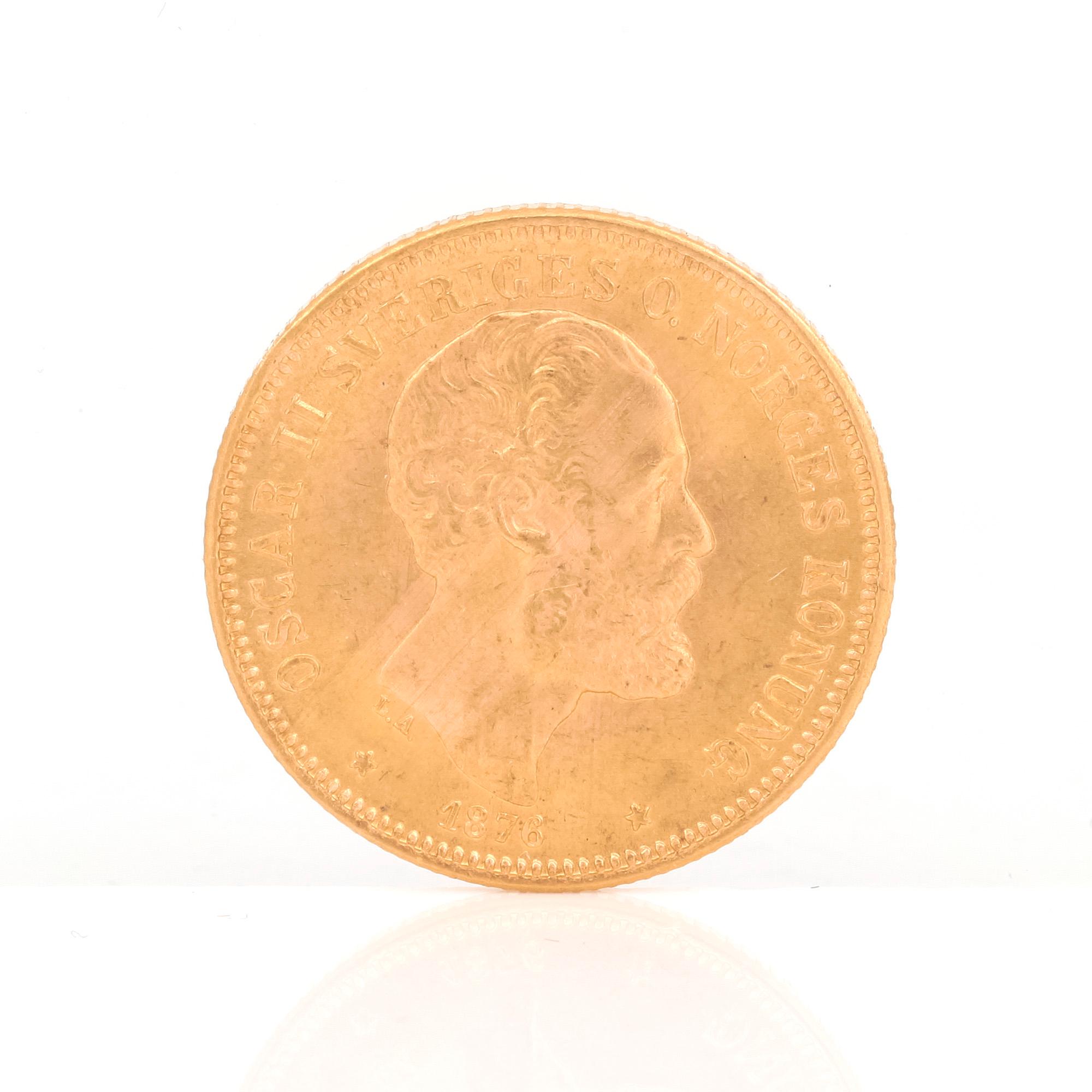 GULDMYNT, 20 kronor, Oscar II av Sverige och Norge 1876. Vikt ca 9 gram.