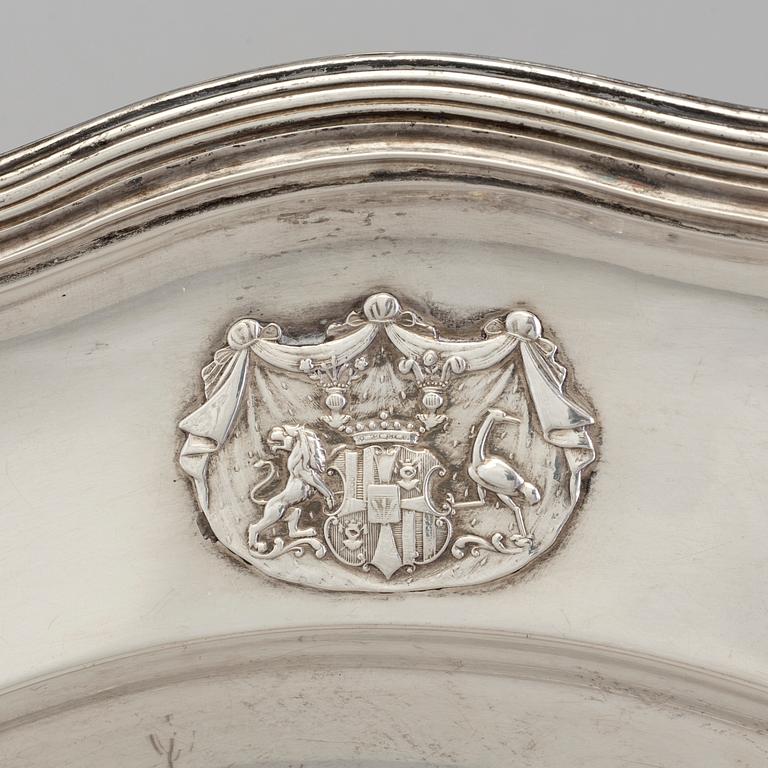 A Swedish silver dish with the family crest of Åkerhielm by Gustaf Möllenborg in Stockholm 1850.