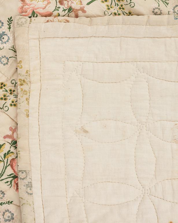 A SILK BED COVER, quilted, ca 192-193 x 164-170 cm, probably Sweden 18th century.