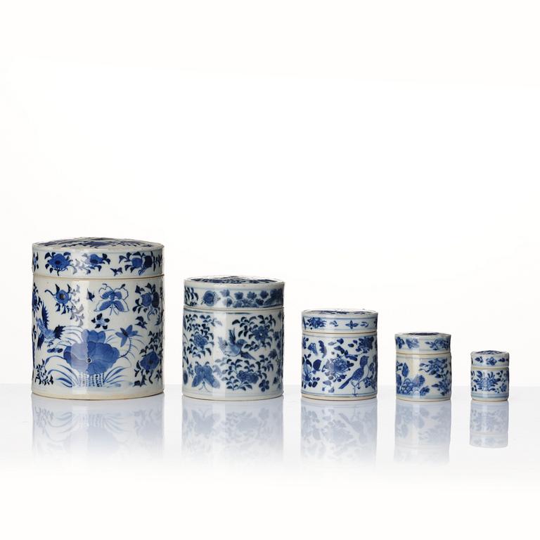 A set of five blue and white jars, Qing dynasty, 19th century.