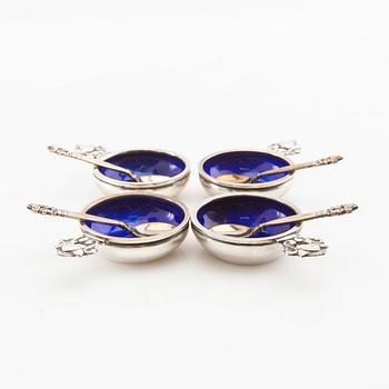 Johan Rohde, salt cellars 4 pcs and spoons "Konge/Achorn" sterling silver for Georg Jensen after 1945.