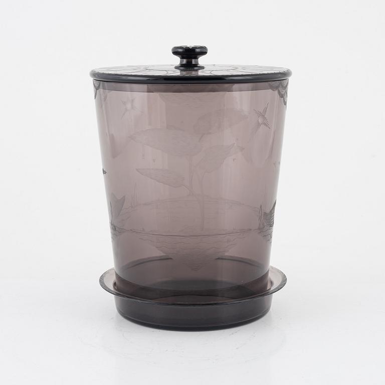 A Scandinavian glass urn with plate, dated 1930.