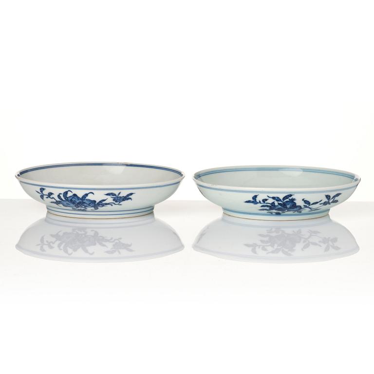 A pair of blue and white nine peaches dishes, China, presumably Republic, with Yongzheng mark.